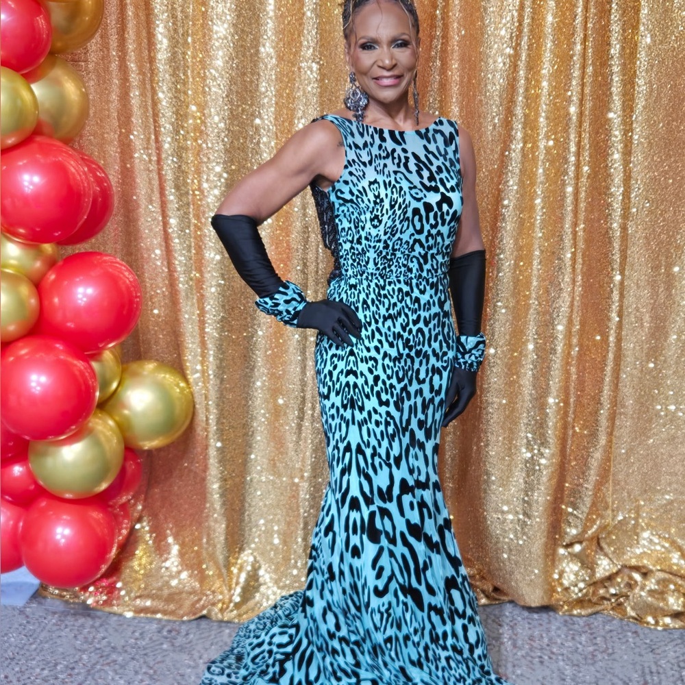 Tarik Ediz Blue and Black Leopard Print Gown